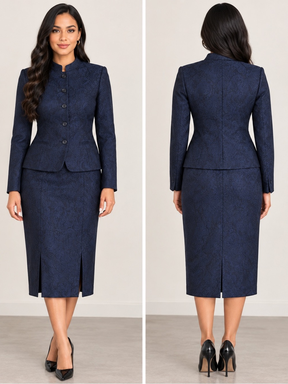 Mandarin-Collar Navy Jacquard Peplum Blazer